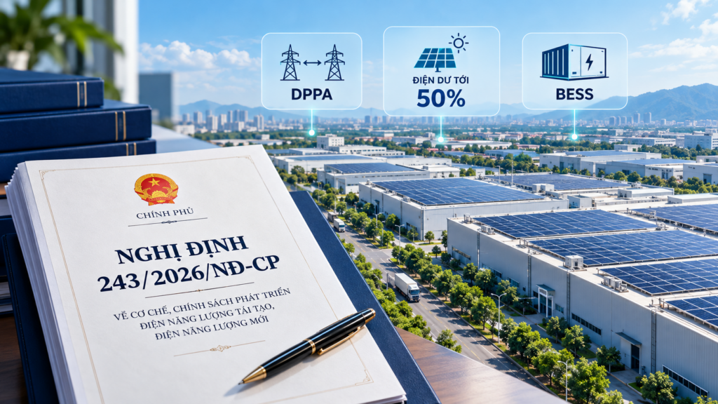 Nghị định 243/2026/NĐ-CP về DPPA, điện mặt trời mái nhà, điện dư 50% và BESS